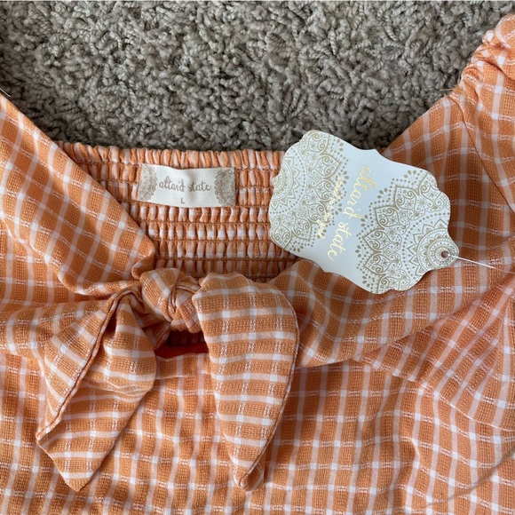 NWT Altar'd State Gingham Puff Sleeve Tie Front Mini Dress Apricot size L - Picture 10 of 14